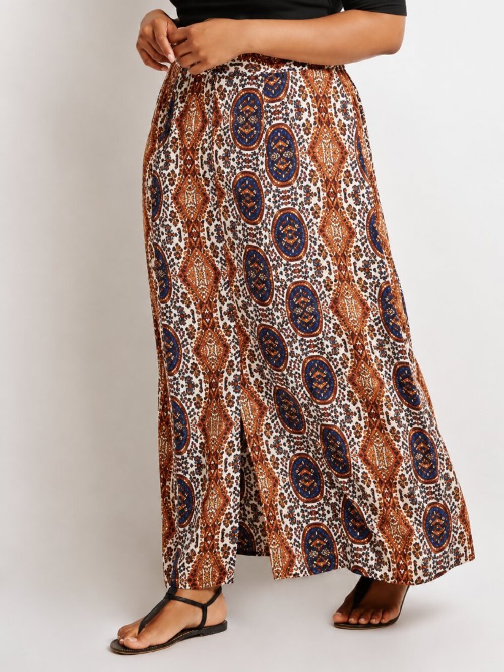 Forever 21+ Mandela Maxi Skirt Boho Marrakesh Pattern Brown Blue Plus Size 1X 2X